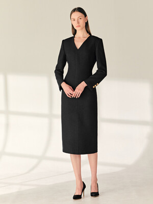 MARIN V-neck H-line tweed wool long dress (Black)