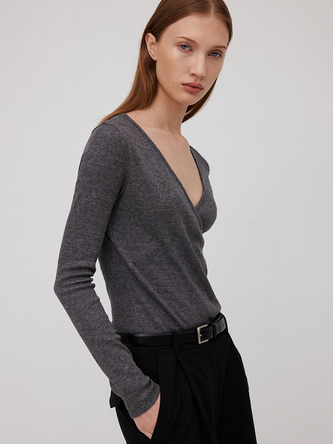 티셔츠 - 하베크 (HAVEC) - Wool slim fit wrap top / Grey