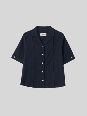 GOLD BUTTON TAILORED COLLAR BLOUSE [NAVY]
