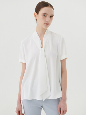 V-NECK SCARF SHORT SLEEVE BLOUSE - OFF WHITE