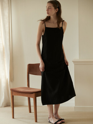 Ribbon point linen dress - Black