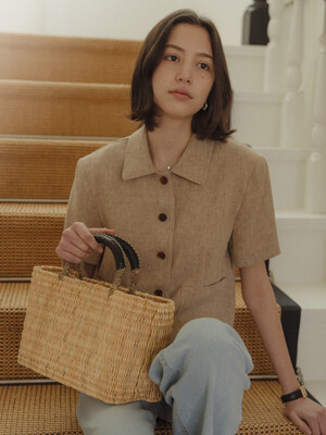 Check linen half sleeve jacket_Brown