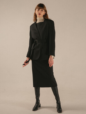 COLLARLESS WOOL BELT BLAZER (BLACK)