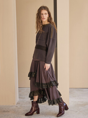 Ruffle Trimmed Asymmetric Long Skirt_Dark Brown