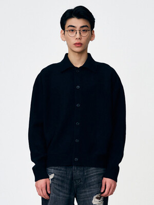 LAMBSWOOL COLLAR KNIT GARDIGAN BLACK