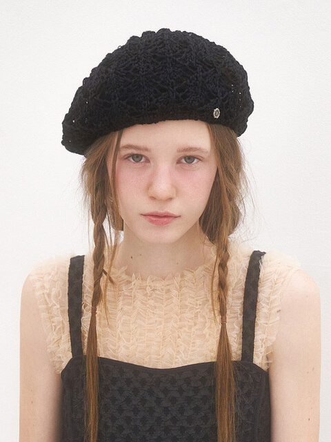 모자 - 브라운햇 (Brown Hat ) - Crochet Knit Beret  - Black
