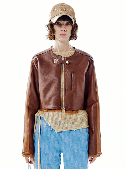 아우터 - 데비어퍼 (DEBBY UPPER) - KARINE FAUX LEATHER BIKER JACKET_BROWN