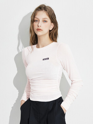 Sleeve shirring round T-shirt [Pink]