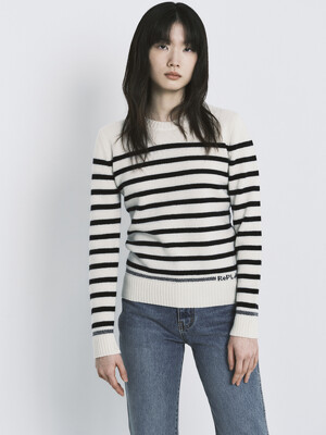 CASHMERE10 STRIPE LOGO KNIT TOP_IVORY