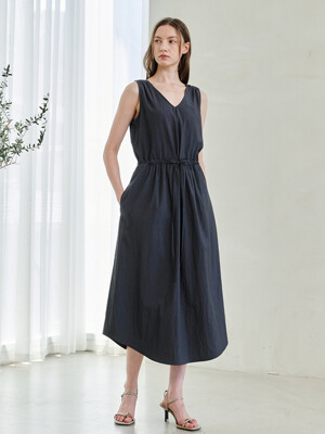 V Neck Waist String Dress - Dark Gray