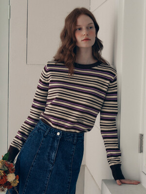 STRIPE ROUND NECK KNIT BROWN