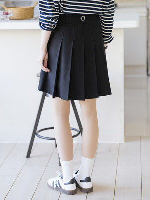 Back buckle detail pleated A-line skirt_Navy