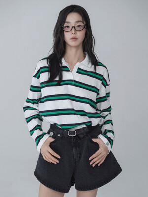 STRIPE RUGBY COLLAR TSHIRT_WHITE GREEN