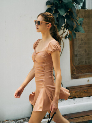 Cap sleeve shirring Swimsuit[LMBESW242]-Peach