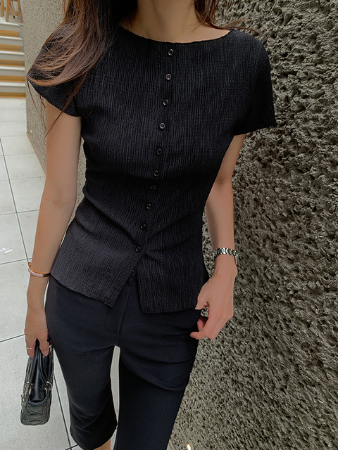 [단독] [13th]Two-way Button Line Blouse_black
