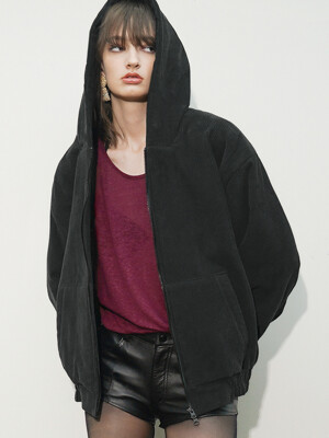 Cotton-Corduroy Oversized Zip-Through Hoodie[Black(UNISEX)]_UTO-FH91