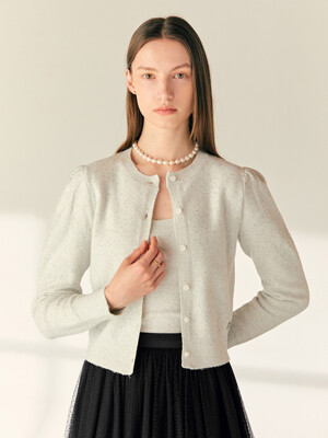[SET]KAREN Round neck spangle knit cardigan + MEGAN U-neck sleeveless spangle knit top (Ivory/Black)