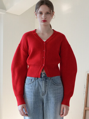 Wool Balloon V-neck Knit Cardigan (Red)