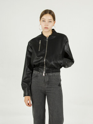 Fake leather zip-up jacket [Black]