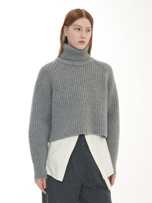 Turtleneck Cropped Knit Pullover_Melange Grey