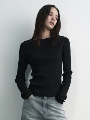 COTTON RIBBED LONG SLEEVE TOP, BLACK