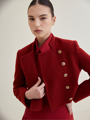 Wool Cropped Tweed Jacket- Red