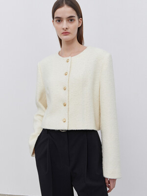 MINIMAL CROP TWEED JACKET-IVORY