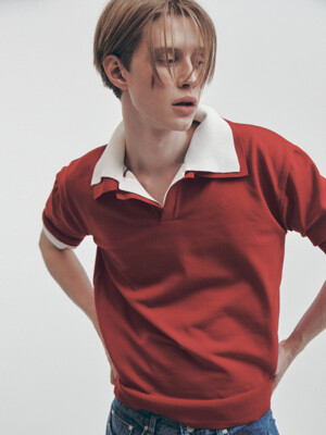 CROPPED MINIMAL KNITTED POLO SHIRT (RED)