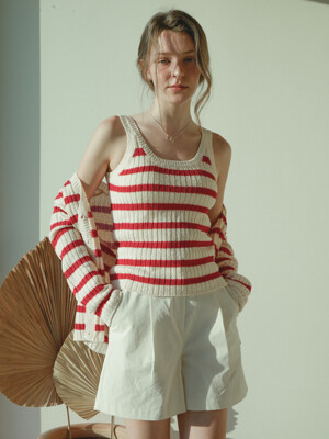 Round Stripe Cardigan & Sleeveless Knit Set Up (Red)
