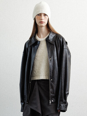 [단독] oversized crack faux leather blouson (dark brown)