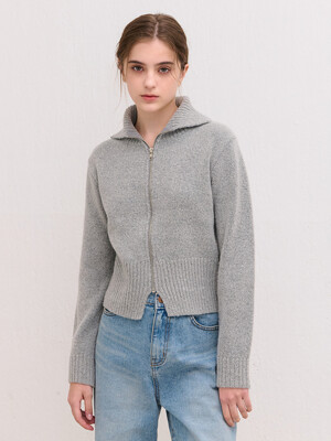 COLLAR ZIP-UP KNIT CARDIGAN GRAY