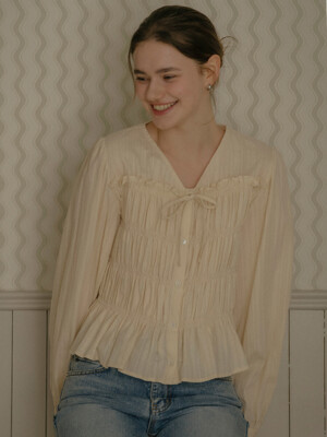 Ribbon point smoke cotton blouse_Beige