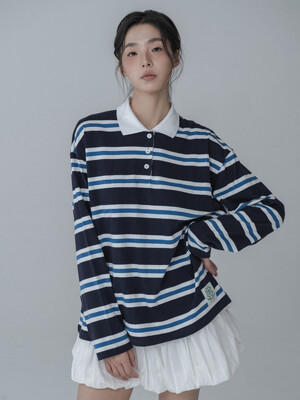 STRIPE RUGBY COLLAR TSHIRT_NAVY BLUE