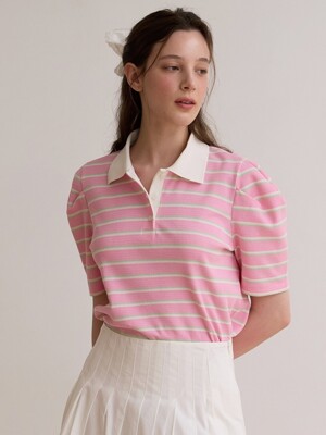Stripe collar puff top - Pink