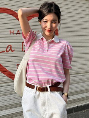 [단독]Stripe collar puff top - Pink