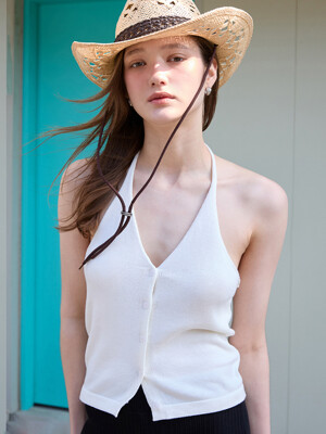 BUTTON HALTER NECK KNIT TOP IVORY
