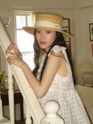 Line Point Rattan Boater Hat - Light Beige