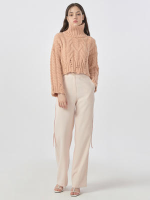 [22FW] High Neck Cable Crop Pullover - peach
