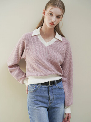 DAISY COLORING COLLAR V NECK KNIT (PINK)