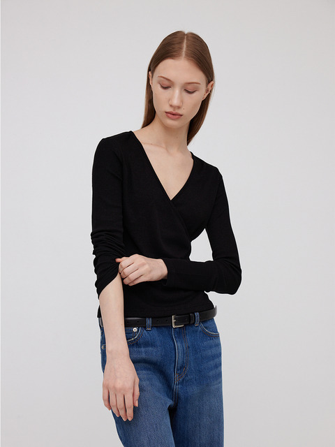 티셔츠 - 하베크 (HAVEC) - Wool slim fit wrap top / Black