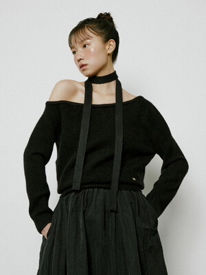 Wool One shoulder+muffler Knit (black)