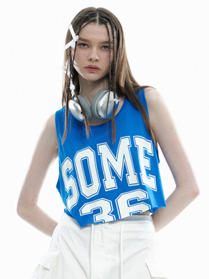 Loose Fit Lettering Crop Layered Sleeveless T-Shirt [Blue]