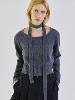 Cashmere square neck belt crop knit_CHARCOAL