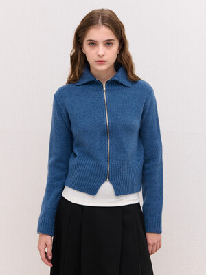 COLLAR ZIP-UP KNIT CARDIGAN BLUE