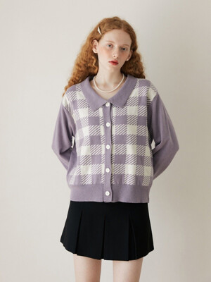 WOOL CHECK COLLAR CARDIGAN - VIOLET