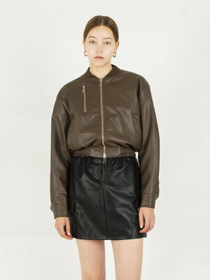 Fake leather zip-up jacket [Brown]