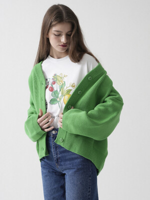 Cotton V-neck Overfit Knit Cardigan (Green)