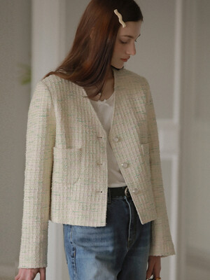 Collarless magical tweed jacket_Multi Ivory