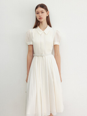 LILITH Stand collar pin tucked long dress (Ivory/Navy/Cornflower blue/Light pink)