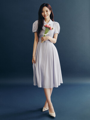 LILITH Stand collar pin tucked long dress (Ivory/Navy/Cornflower blue/Light pink)